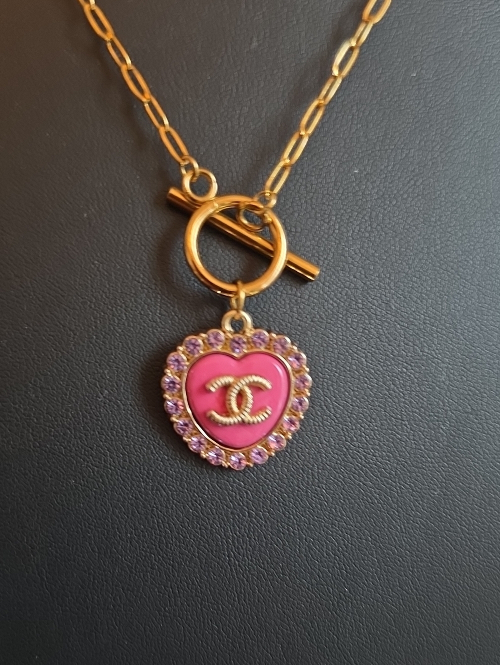 NEW Chanel Upscaled Pink Heart Pendant Tag Necklace with Gold-Tone Chain